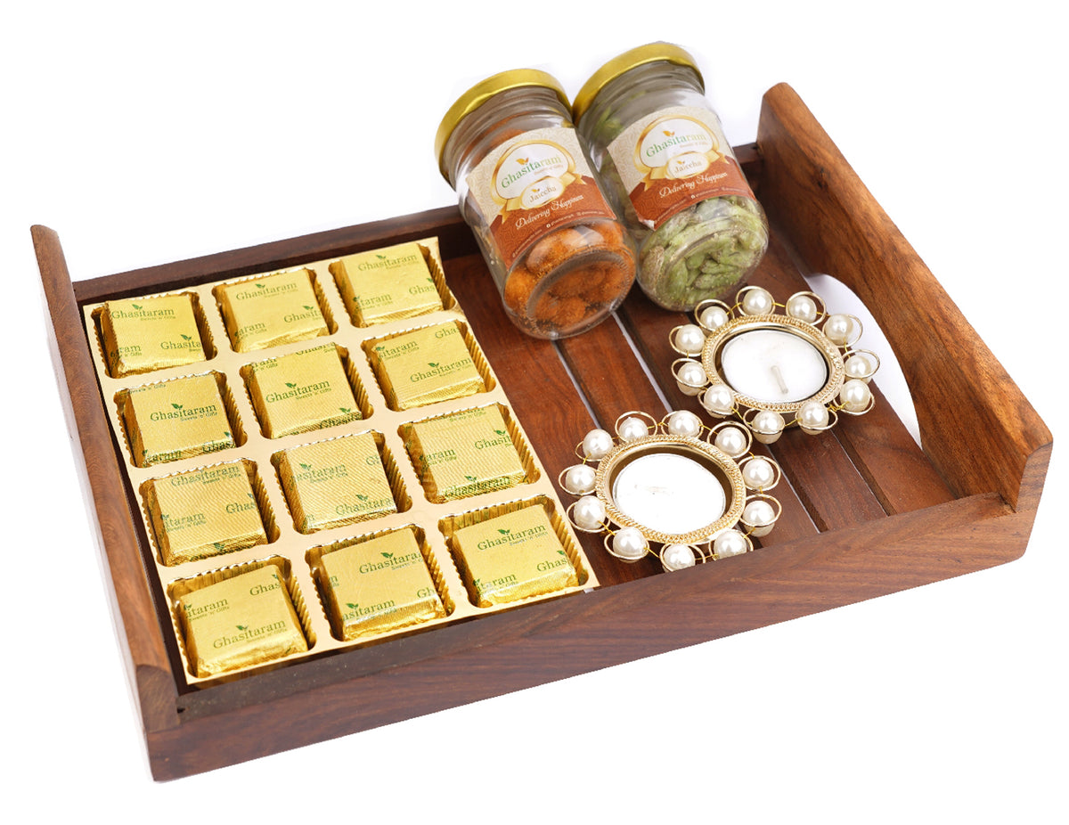 Big Striped Wooden Serving Tray with Mewa Bites 12 pcs,T-lites, Paan Raisins and Crunchy Coated Cashews