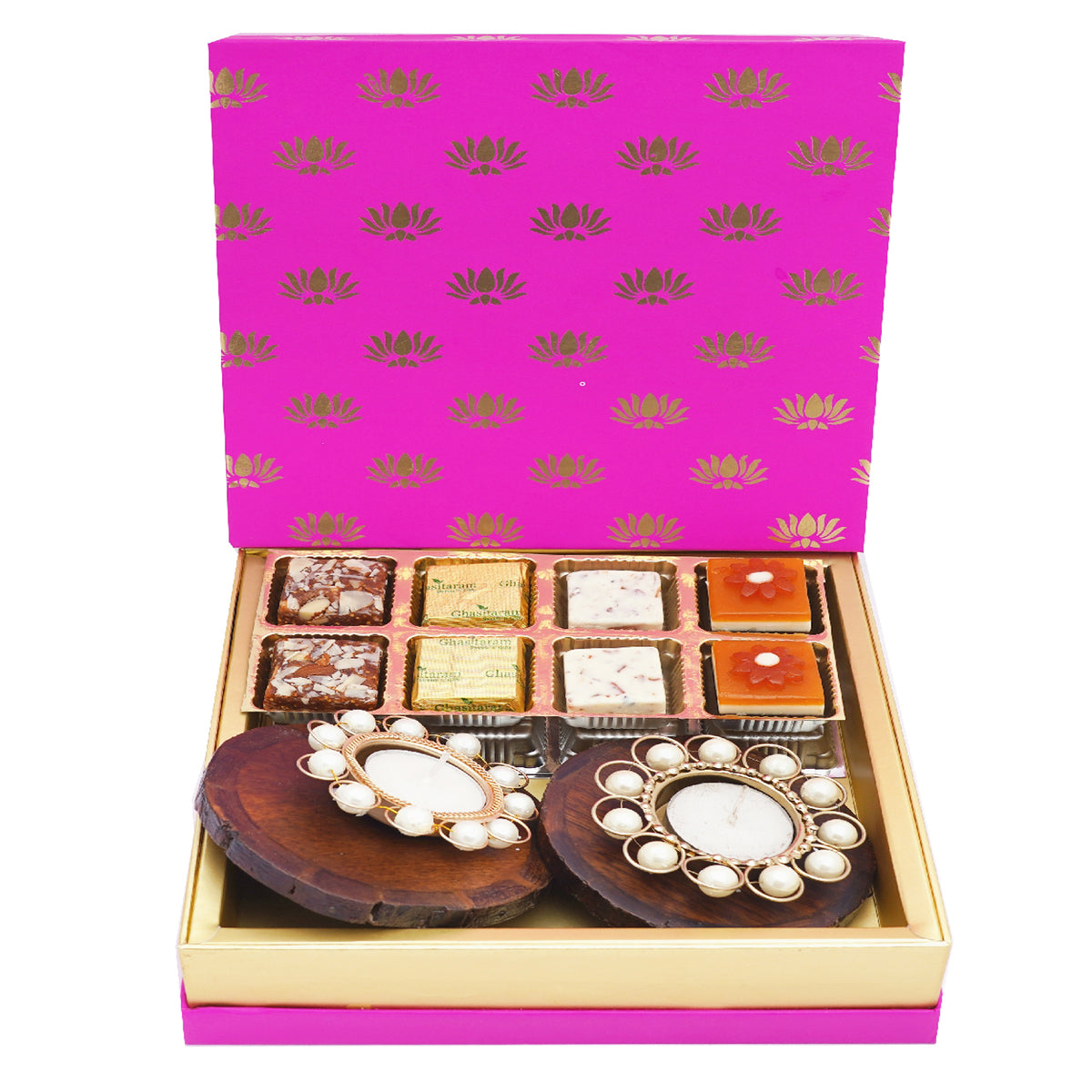 Festive Pink  Box of Assorted Bites, 2 wooden Coasters and 2 T-lites