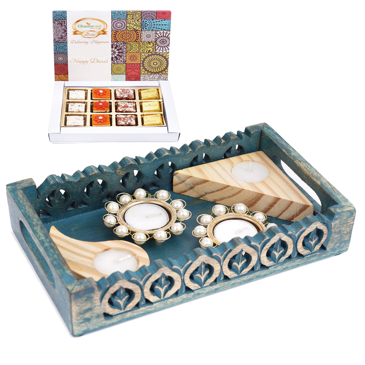 Blue Wooden Serving Tray with 4 T-lites and  Assorted Bites Box 12 Pcs