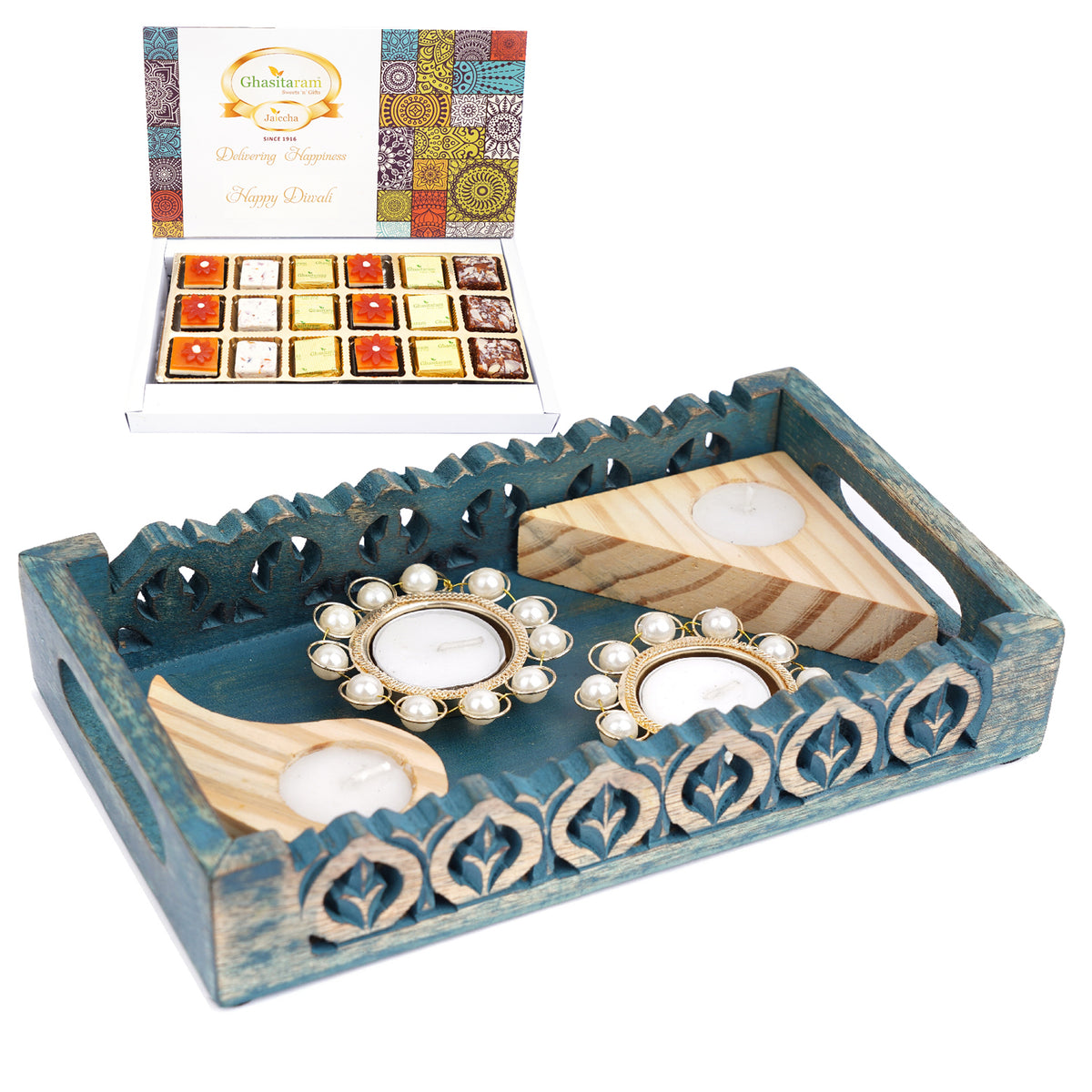 Blue Wooden Serving Tray with 4 T-lites and Assorted Bites Box 18 Pcs