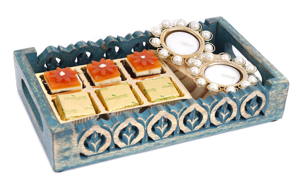 Blue Wooden Serving Tray with 6 Assorted Bites and T-lItes