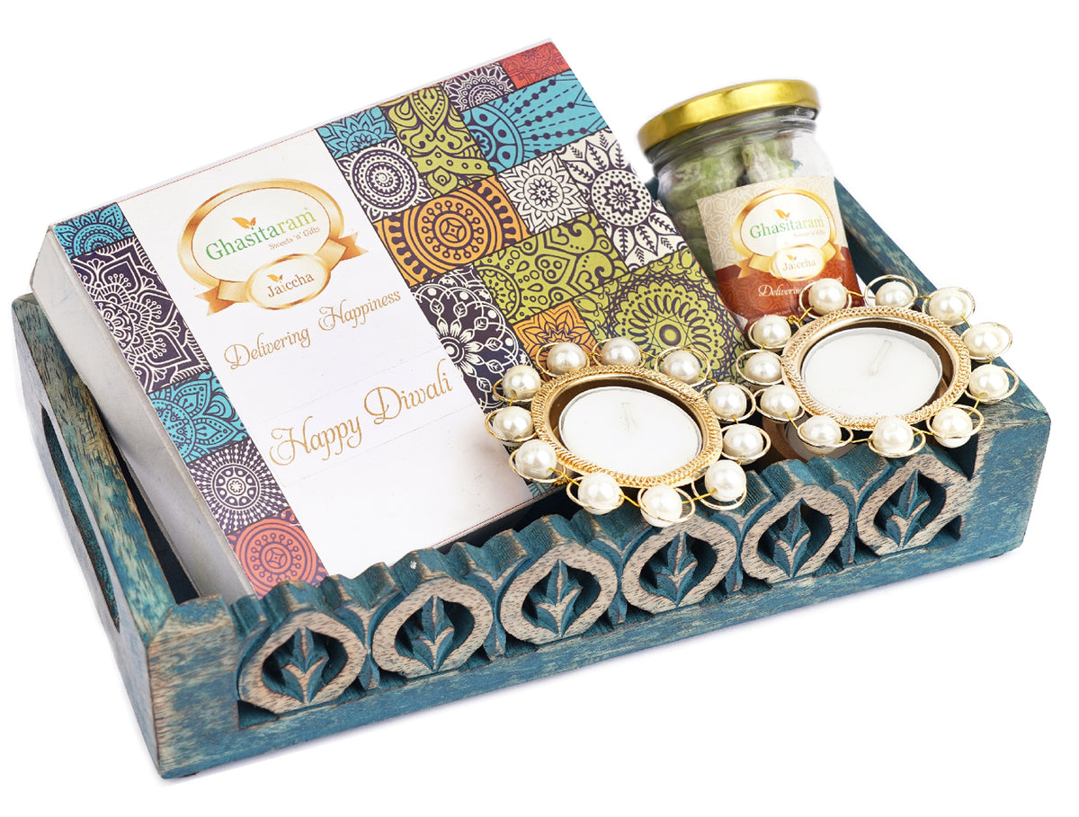 Blue Wooden Serving  Tray with Assorted Bites, Paan Raisins and Wooden T-lItes 