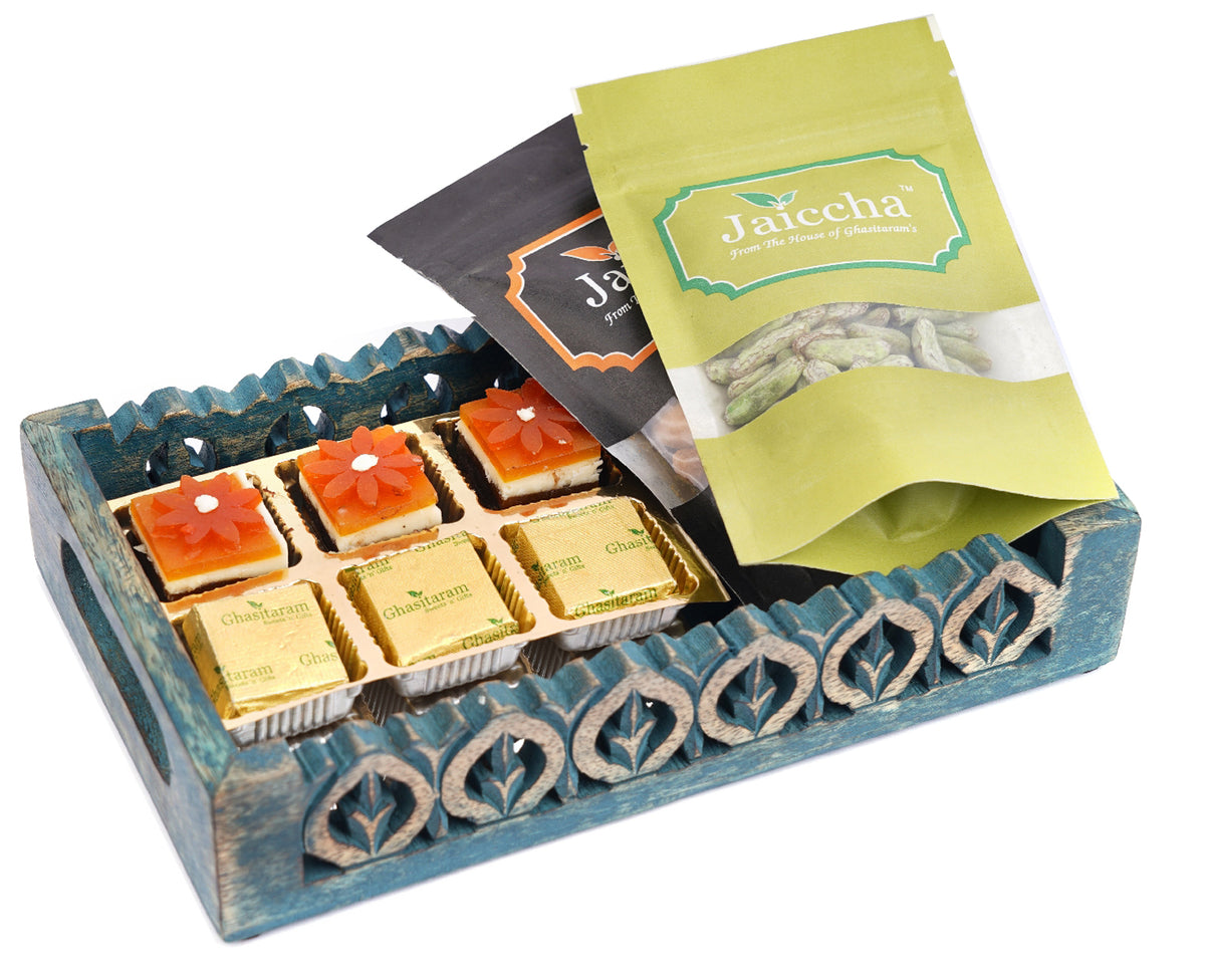 Blue Wooden Serving Tray with 6 Assorted Bites, Paan Raisins and Crunchy Coated Cashews