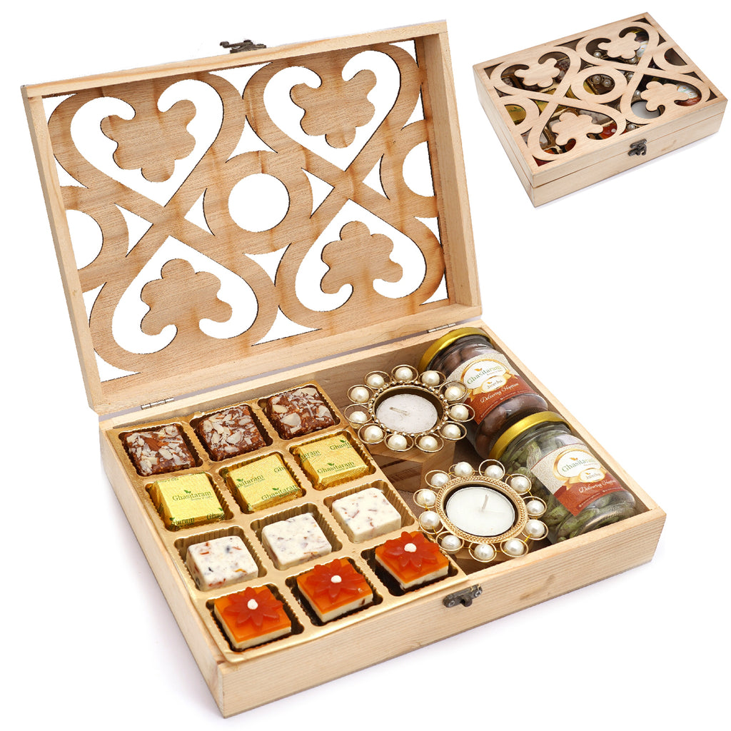 Corporate Gifts-Natural Wood Carving Box Big with Assorted Bites 12 pcs, T-Lites, Chocolate Coated Almonds Jar and Paan Raisins Jar