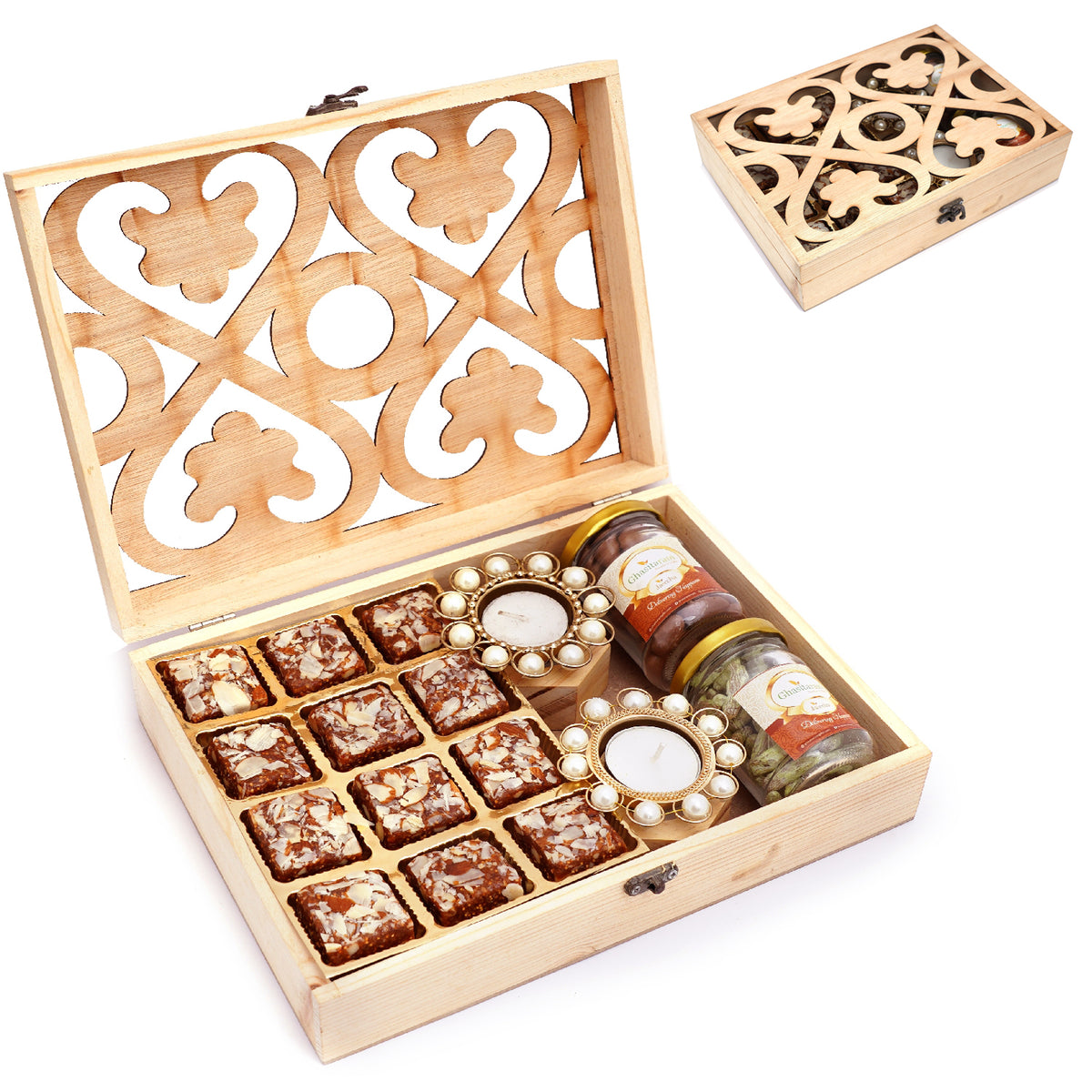 Natural Wood Carving Box Big with Sugafree Bites 12 pcs,  2 Pearl T-Lites, Chocolate Coated Almonds Jar and Paan Raisins Jar