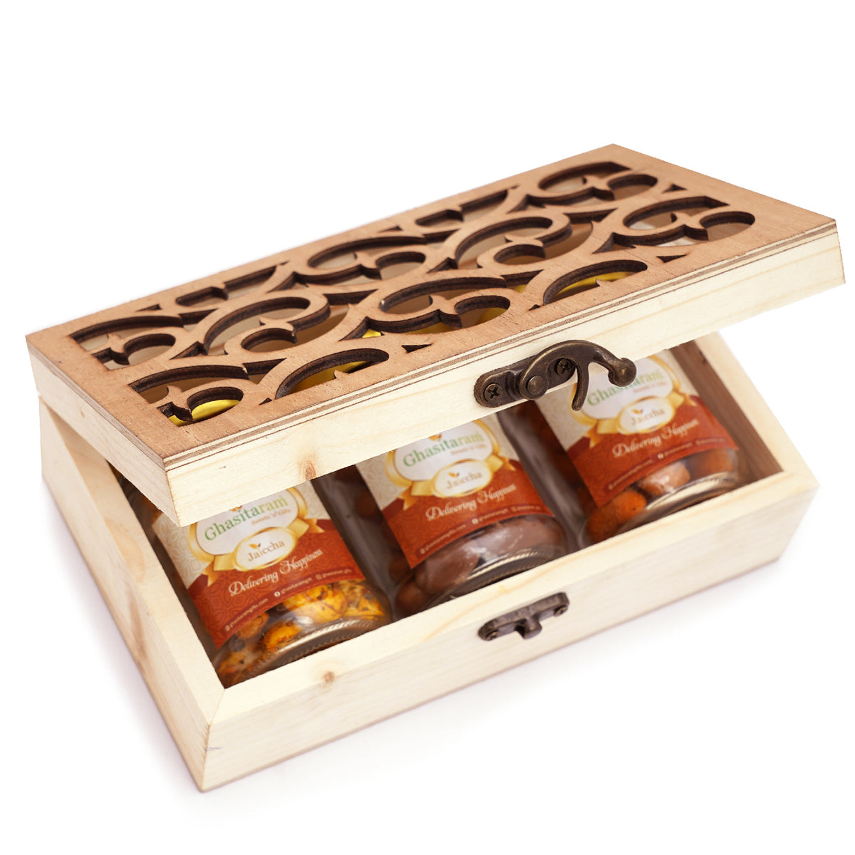 Natural Wood Carving Box with Chocolate Coated Cashews, Crunchy Cashews and Garlic Cashews