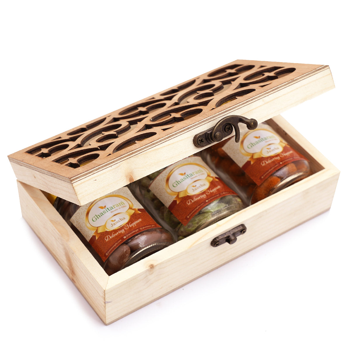 Natural Wood Carving Box with Chocolate Coated Almond, Crunchy Cashews and Paan Raisins