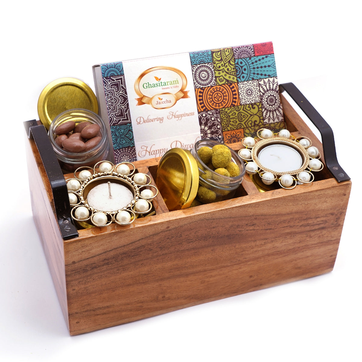 Wooden Cutlery Stand with T-lites, Bites, Crunchy Peanuts, Chocolate Coated Almonds