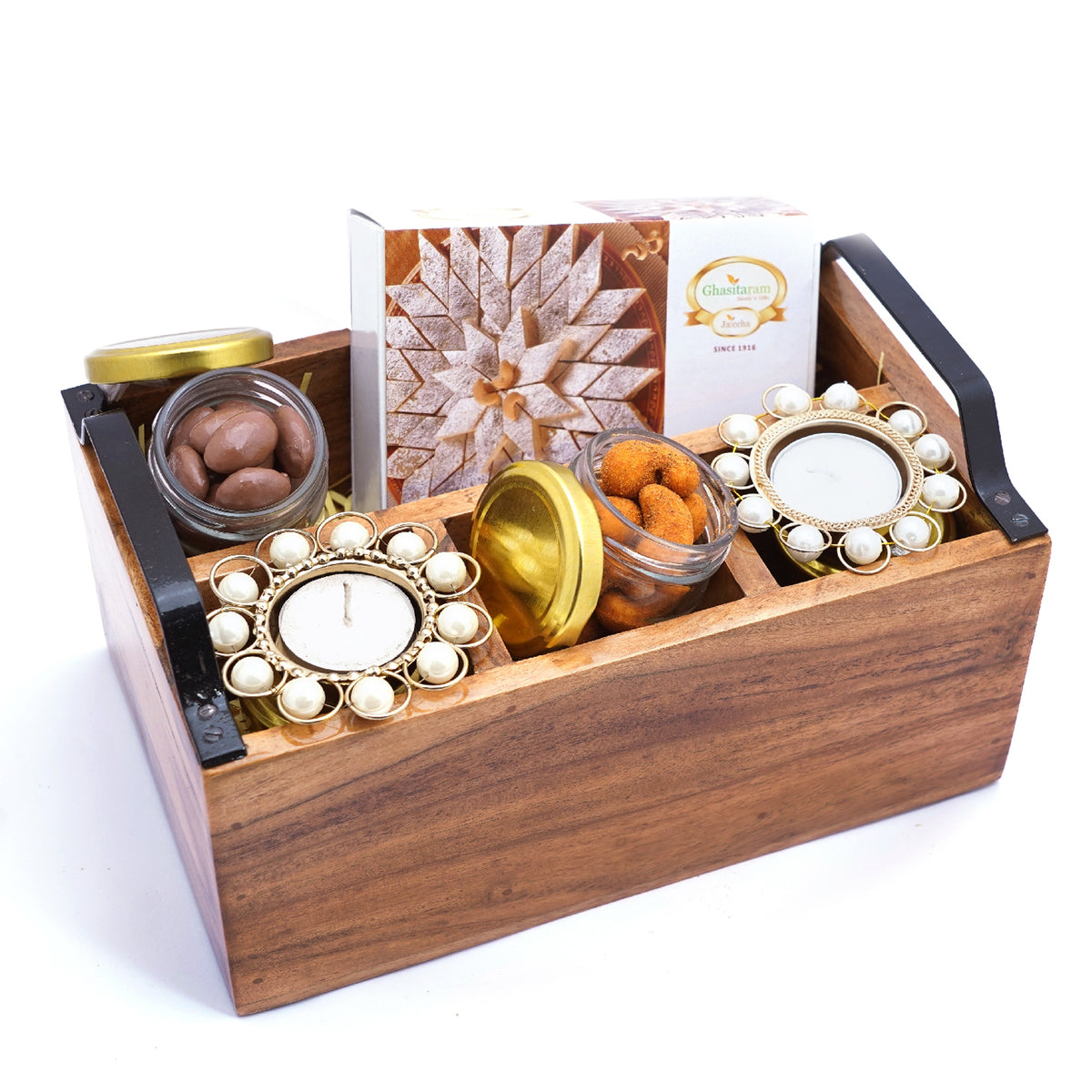 Wooden Cutlery Stand with T-lites, Kaju Katli, crunchy Cashews, Chocolate Coated Almonds