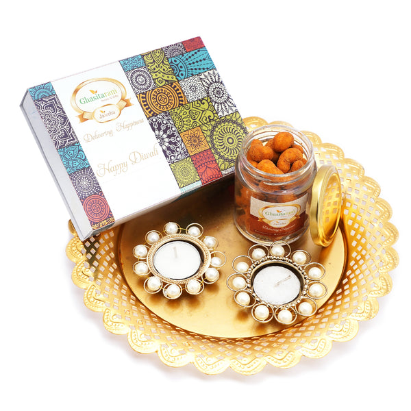 Golden thali with2 T-Lites, Crunchy Coated Cashews jar and Assorted Bites Box