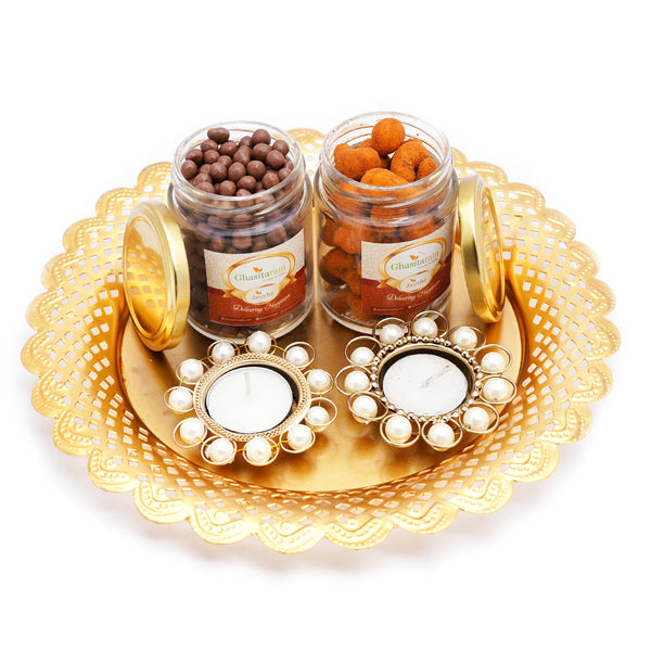 Golden thali with2 T-Lites, Chocoalte Coated Butterscotch and Crunchy Coated Cashews jar