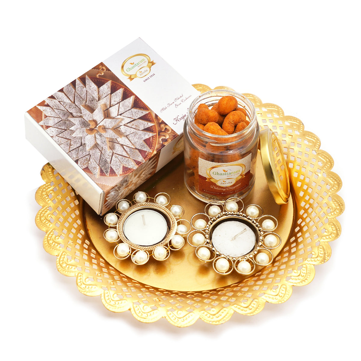 Golden thali with2 T-Lites, Crunchy Coated Cashews jar and Kaju Katli