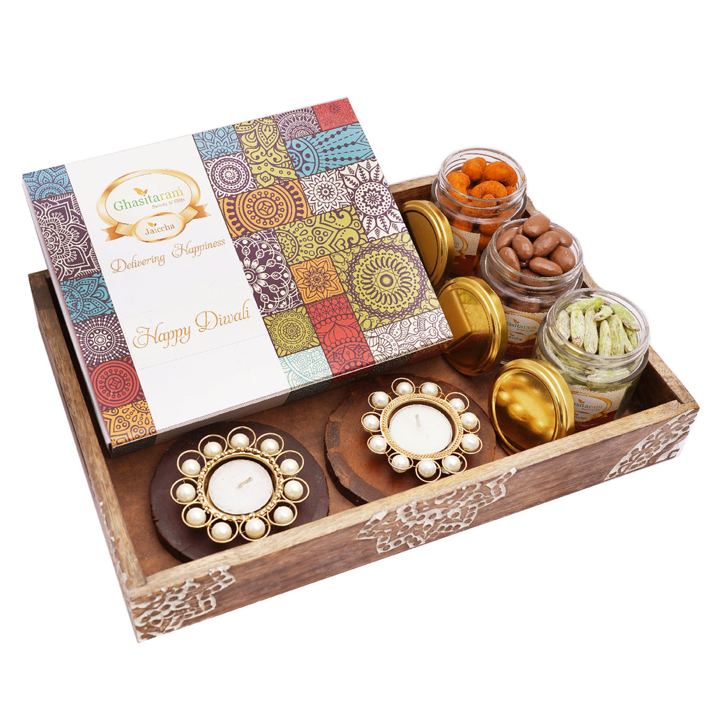 Wooden Tray with Coasters and T-lites, Crunchy Coated Cashews, Chocolate Coated Almonds, Paan Raisins, Assorted Bites Box 12 pcs