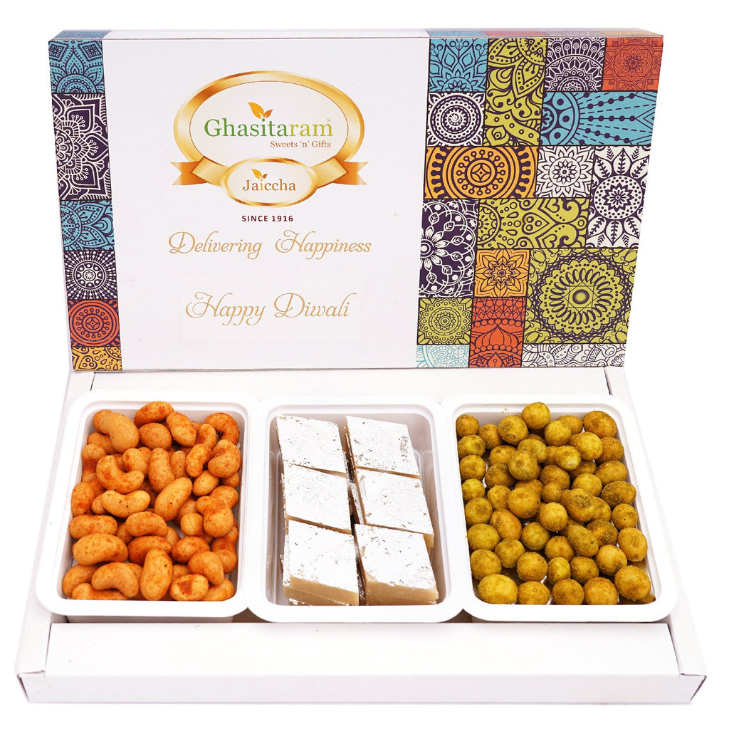 Assorted Festive Box of Kaju Katli, Crunchy Cashews, Crunchy Peanuts