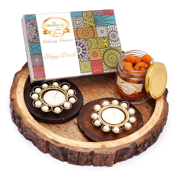 Log Platter with Coasters, T-Lites,  Crunchy Coated Cashews Jar and Assorted Bites