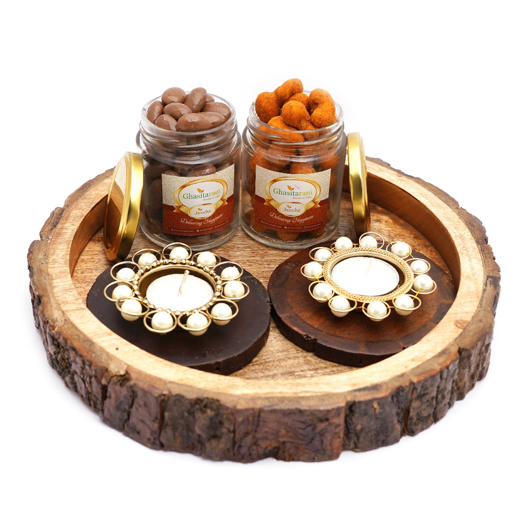 Log Platter with Coasters, T-Lites, Chocolate Coated Almonds Jars and Crunchy Coated Cashews.