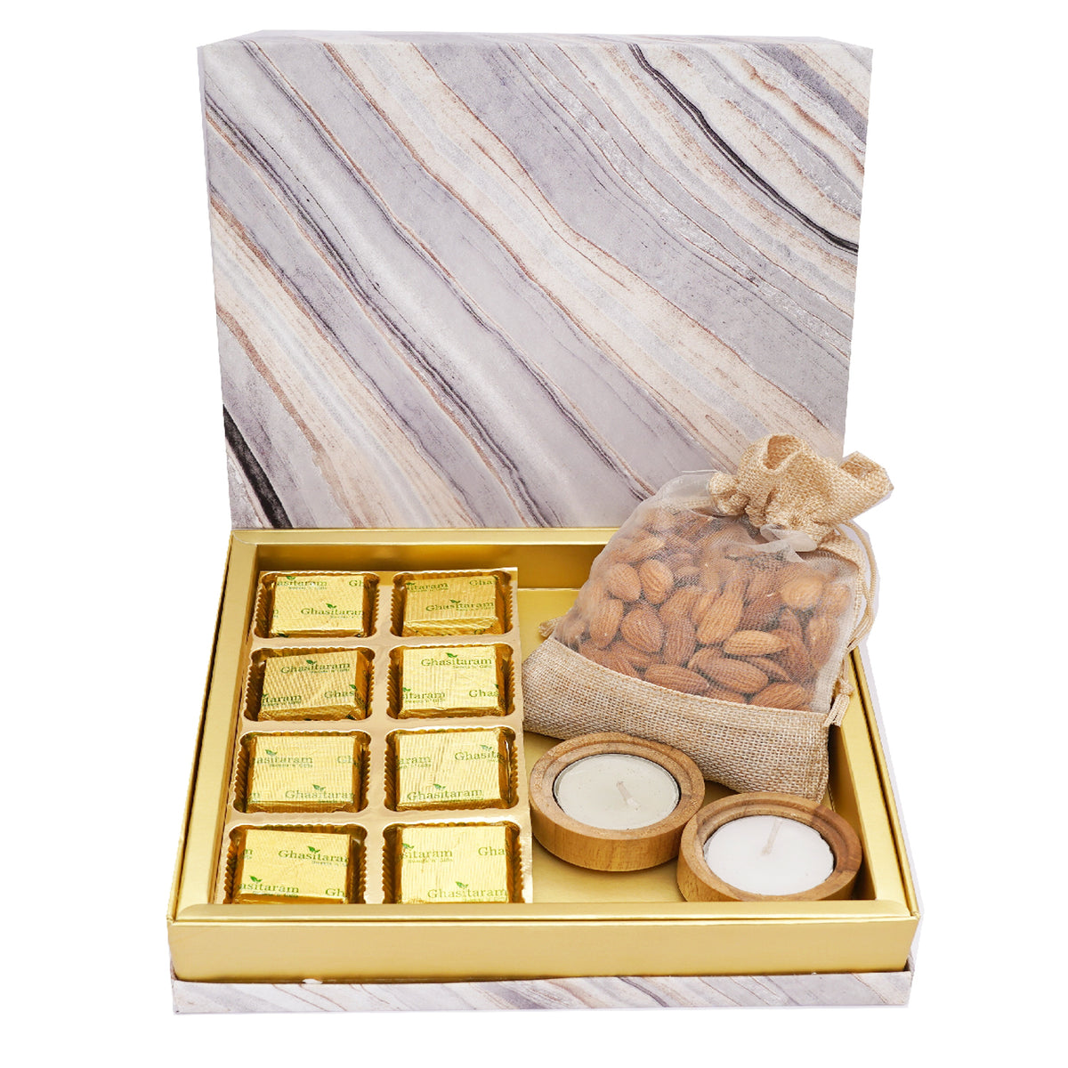Marble Box Mewa Bites, 2 Wooden T-lites and Almonds Pouch