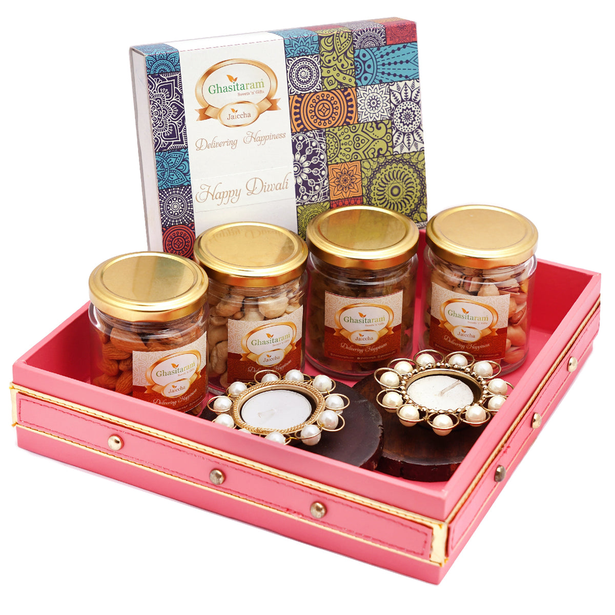 Pink Leather Basket of Assorted Bites,4 Jars of Dryfruits, Coasters and T-lites