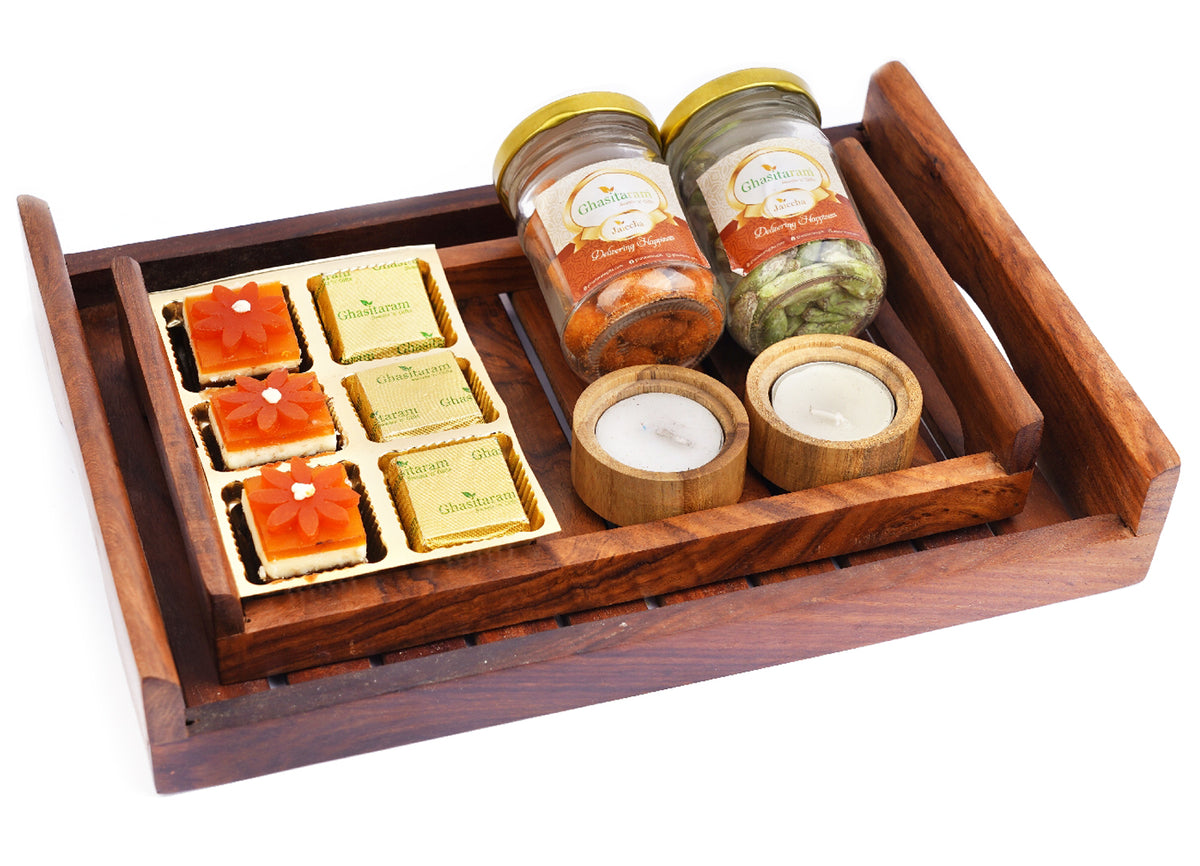 Set of 2  Striped Wooden Serving Tray with 6 Assorted Bites, Paan Raisins Jar, Crunchy Cashews Jar and Wooden T-Lites