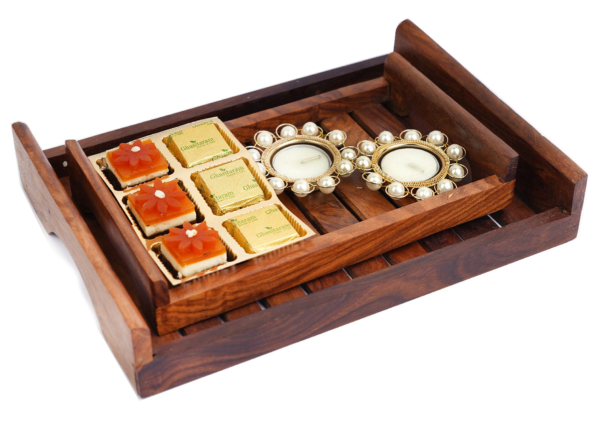 Set of 2 Striped Wooden Serving Trays with 6 Assorted Bites and 2 T-lItes