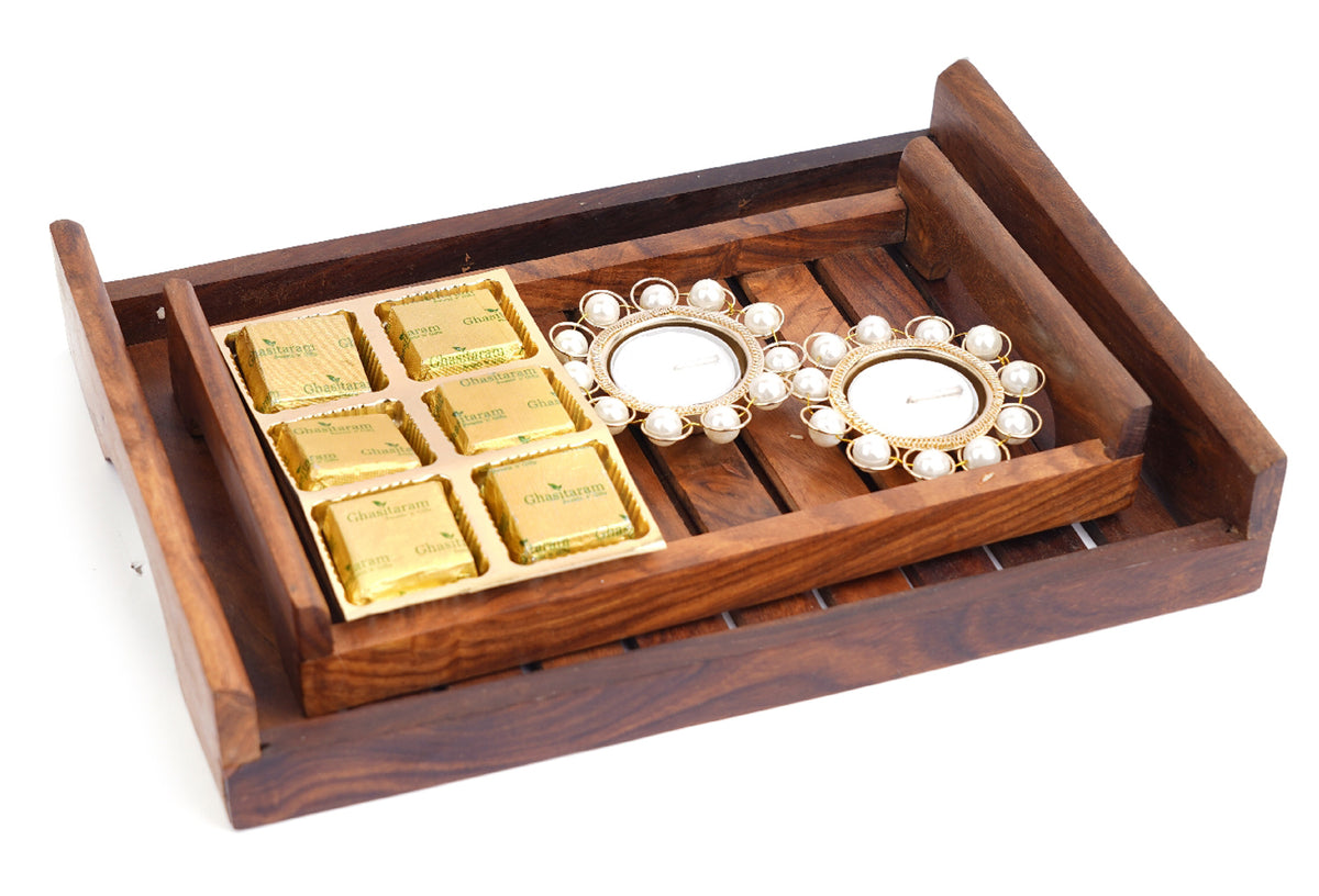 Set of 2 Striped Wooden Serving Trays with 6 Mewa Bites and 2 T-lItes