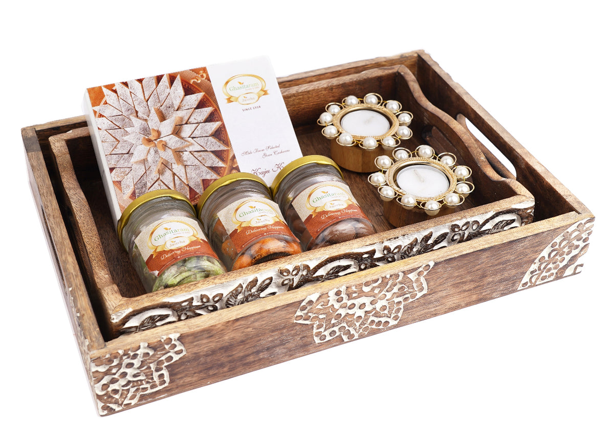 Set of 2 Wooden Serving Trays with Kaju Katlis, Paan Raisins, Crunchy Coated Cashews, Chocolate Coated Almonds and T-lites