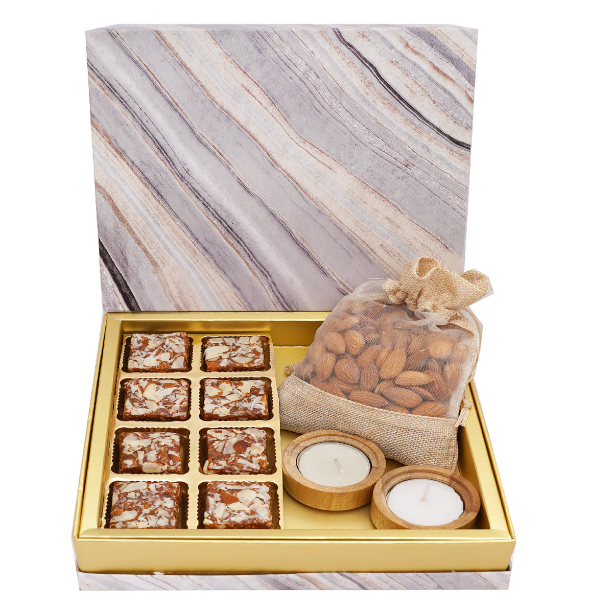 Marble Box Sugarfree Bites, 2 Wooden T-lites and Almonds Pouch