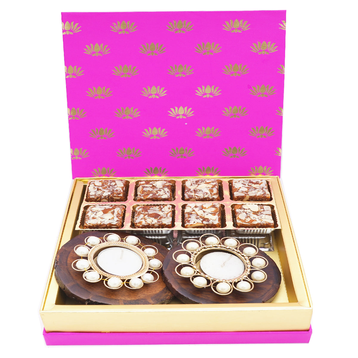 Festive Pink  Box of Sugarfree Bites, 2 wooden Coasters and 2 T-lites