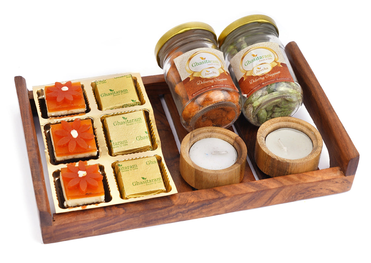 Small Striped Wooden Serving Tray with 6 Assorted Bites, Paan Raisins Jar ,Crunchy Cashews Jar and Wooden T-Lites