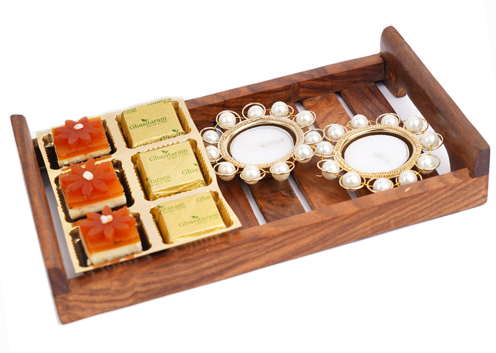 Small Striped Wooden Serving Tray with 6 Assorted Bites and 2 T-lItes