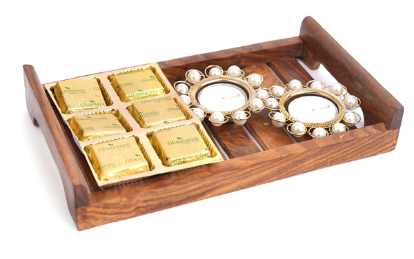 Small Striped Wooden Serving Tray with 6 Mewa Bites and 2 T-lItes