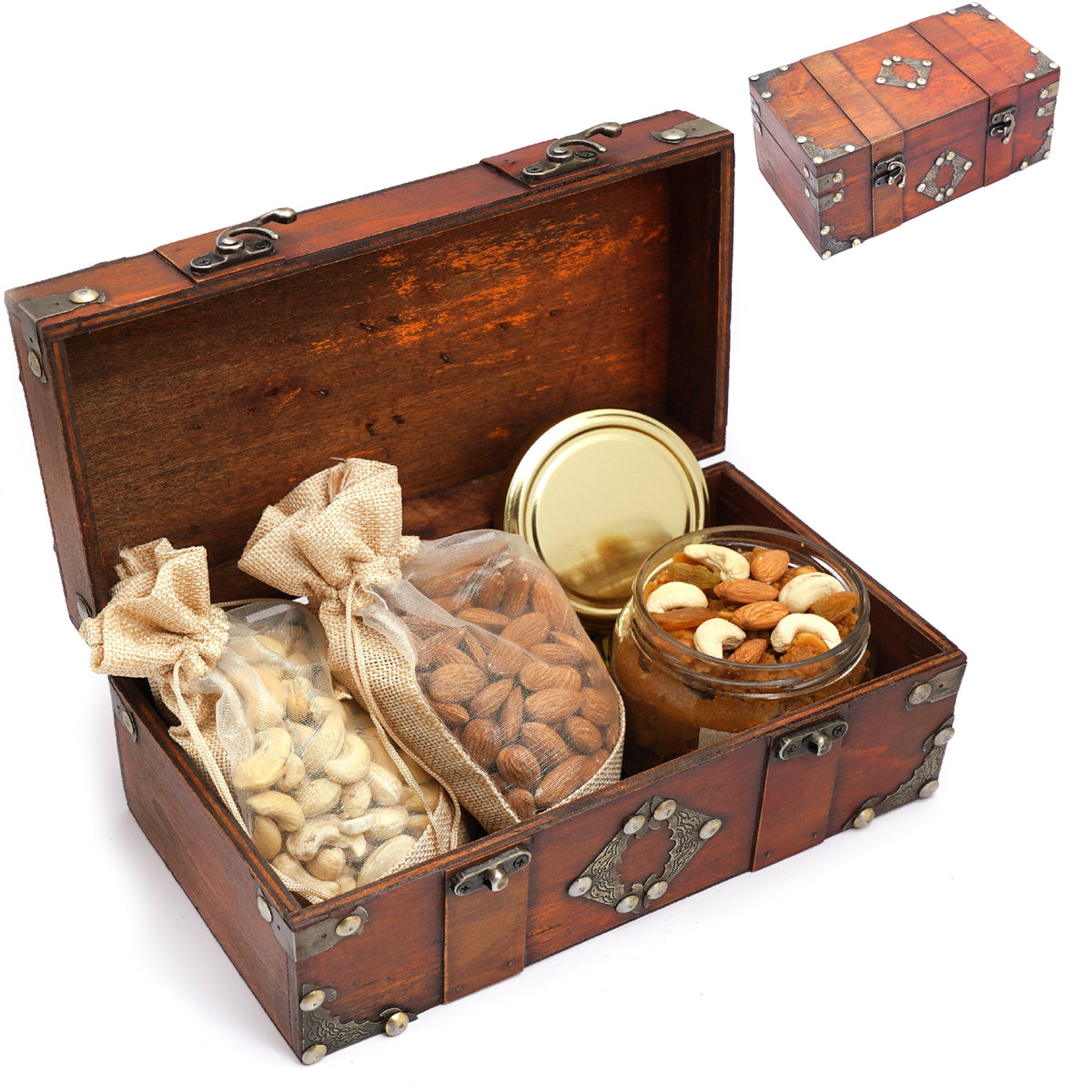 Vintage Wooden box containing Jute Pouches of Cashews, Almonds and Dryfruit Halwa