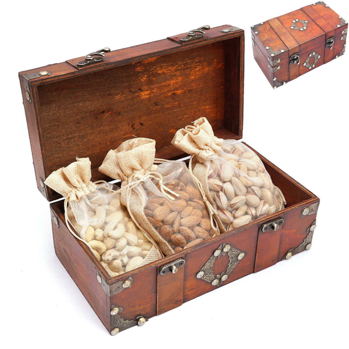Vintage Wooden box containing Jute Pouches of Cashews, Almonds and Pistachios