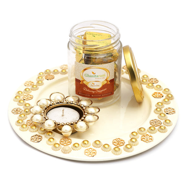 White Metal Thali with T-lite and Mewa Bites