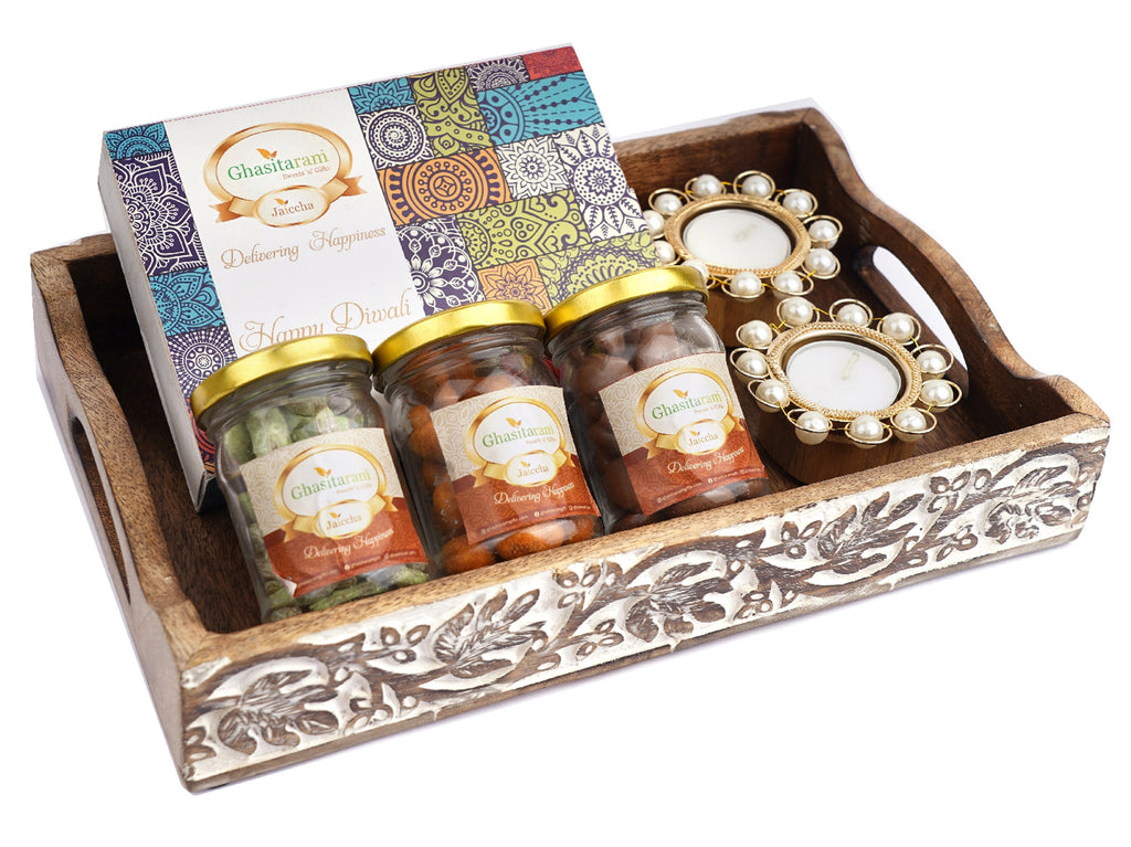 Wooden Serving Tray with Assorted bites, Paan Raisins, Crunchy Coated Cashews, Chocolate Coated Almonds and T-lites