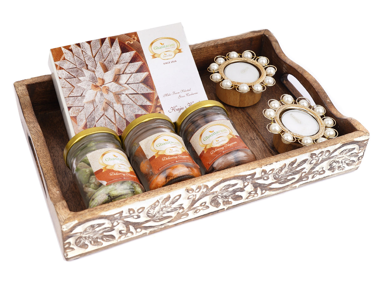 Wooden Serving Tray with Kaju Katlis, Paan Raisins, Crunchy Coated Cashews, Chocolate Coated Almonds and T-lites