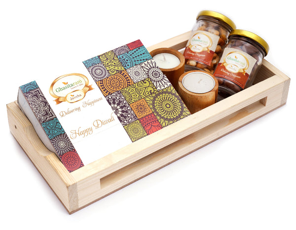 Natural Wood Big Tray with Assorted Bites Box , 2 Wooden Long T-Lites, Roasted Cashew and Chocolate Coated Almonds