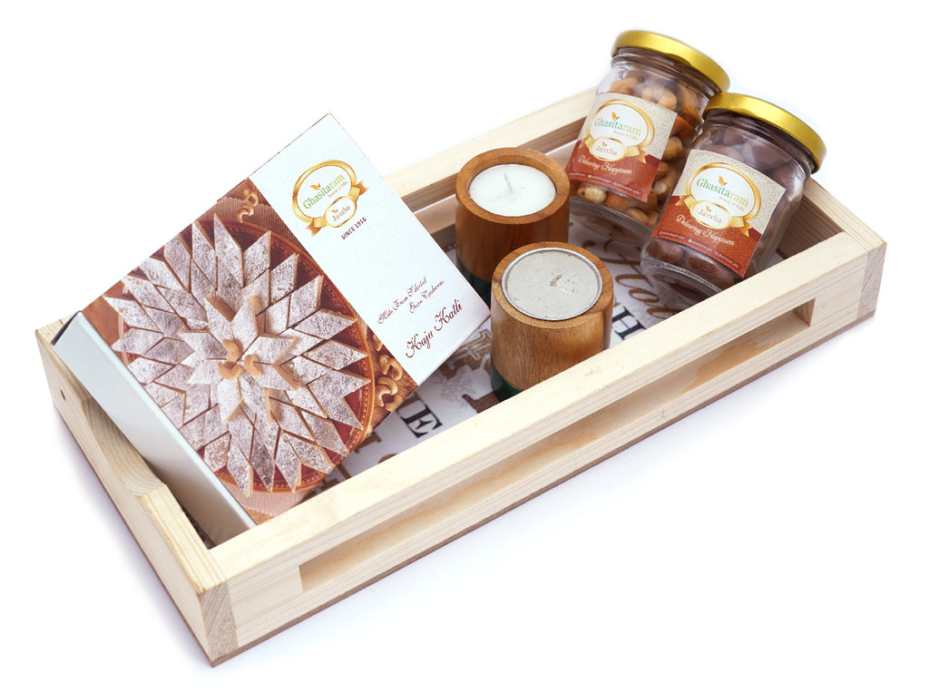 Natural Wood Big Tray with Kaju Katli Box , 2 Wooden Long T-Lites, Roasted Cashew and Chocolate Coated Almonds