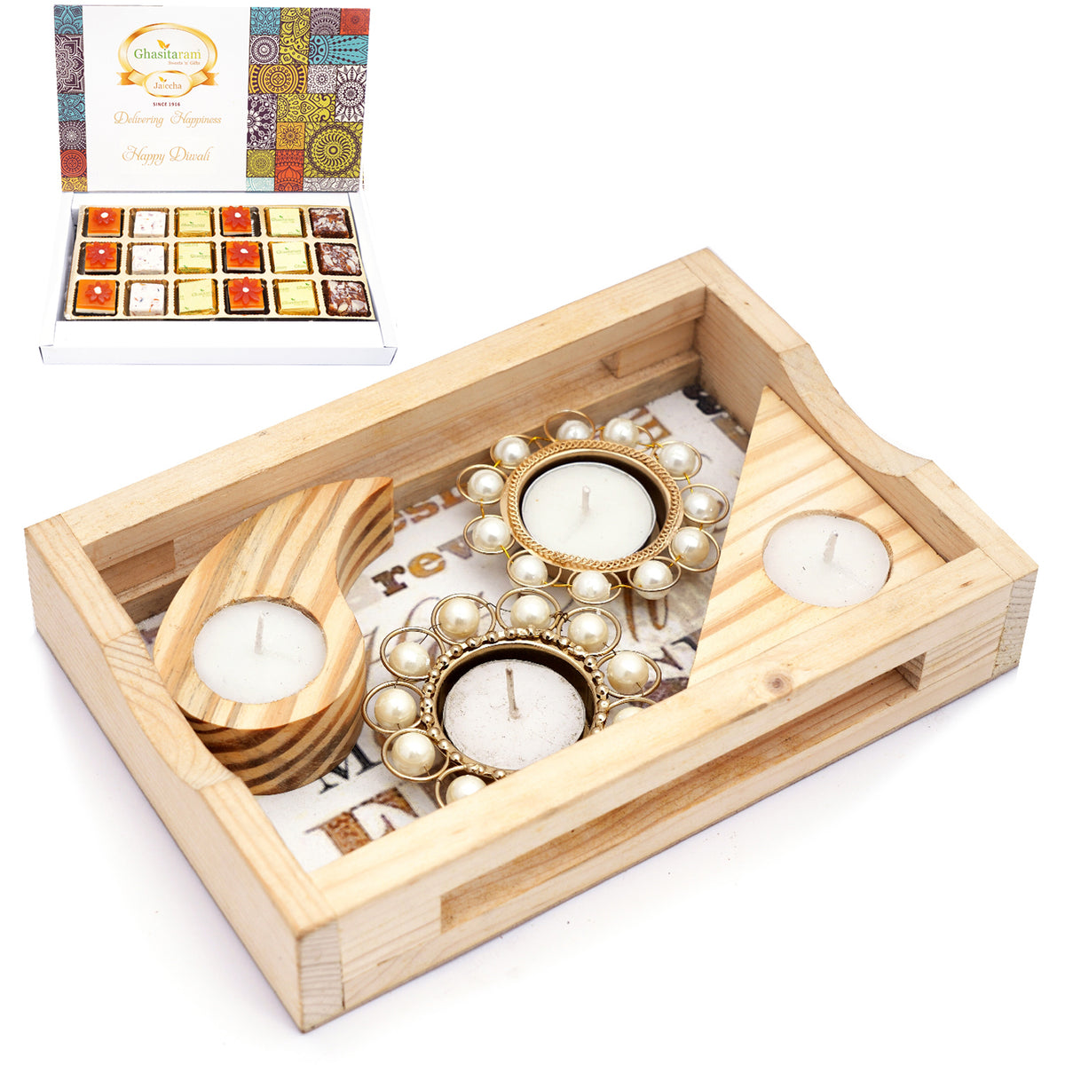 Natural Wood Tray with 4 T-Lites and Assorted Bites Box 18 Pcs