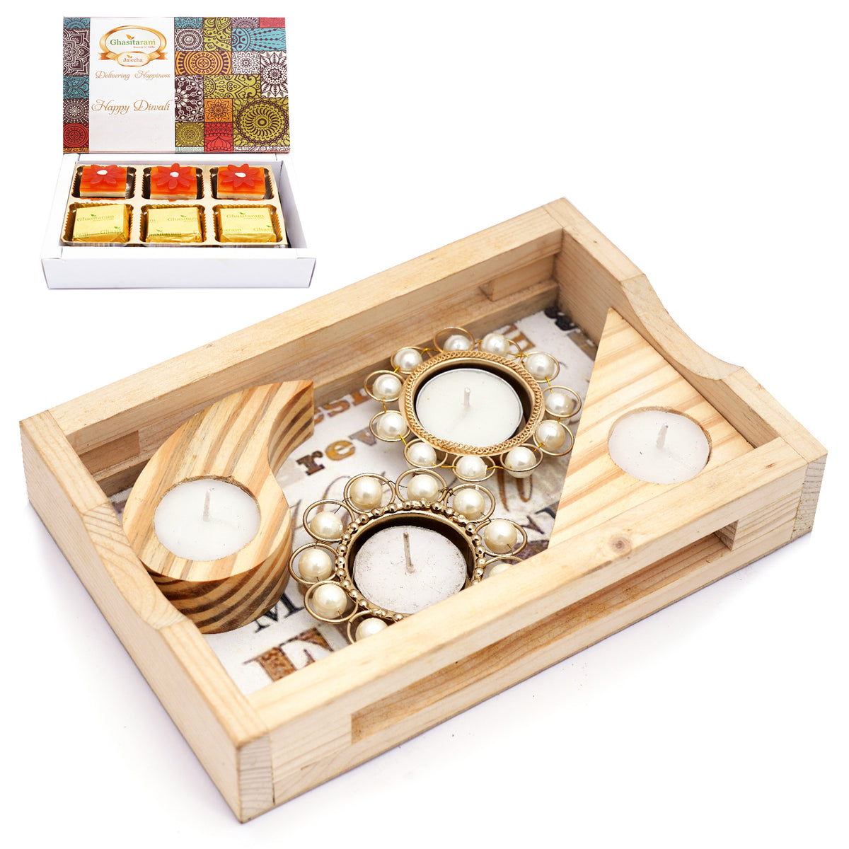 Natural Wood Tray with 4 T-Lites (2 pearl, triangle and drop) and Assorted Bites Box 6 Pcs