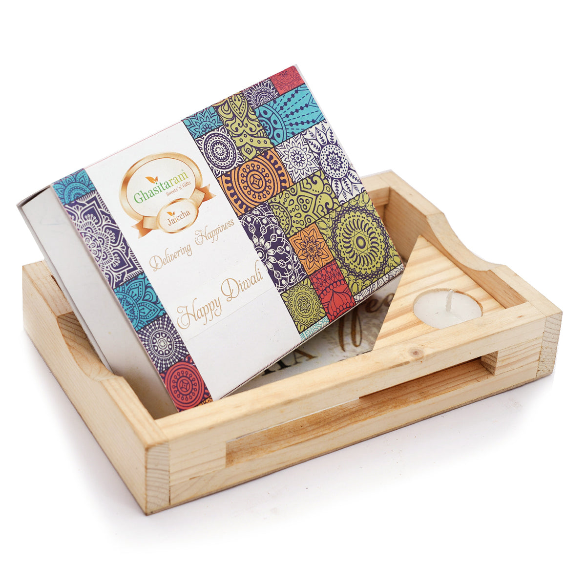 Natural Wood Tray with Assorted Bites Box and Triangle T-Lite