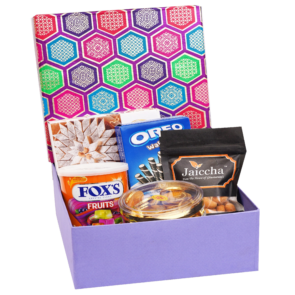Gourmet hamper Box of Crunchy Coated Cashews, Oreo Wafer Roll, Fox Tin, Gold Coin Chocolates and Kaju Katli Box