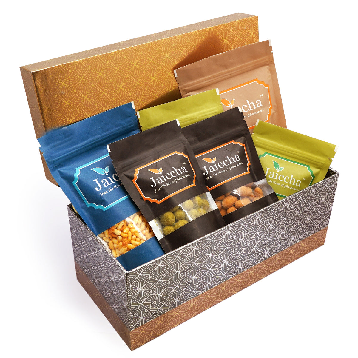 Rectangle box of Badang Bhel, Butter Chakli Sticks, Chocolate Coated Butterscotch, Chocolate Coated Raisins, Crunchy Coated Cashews and Crunchy Coated Peanuts