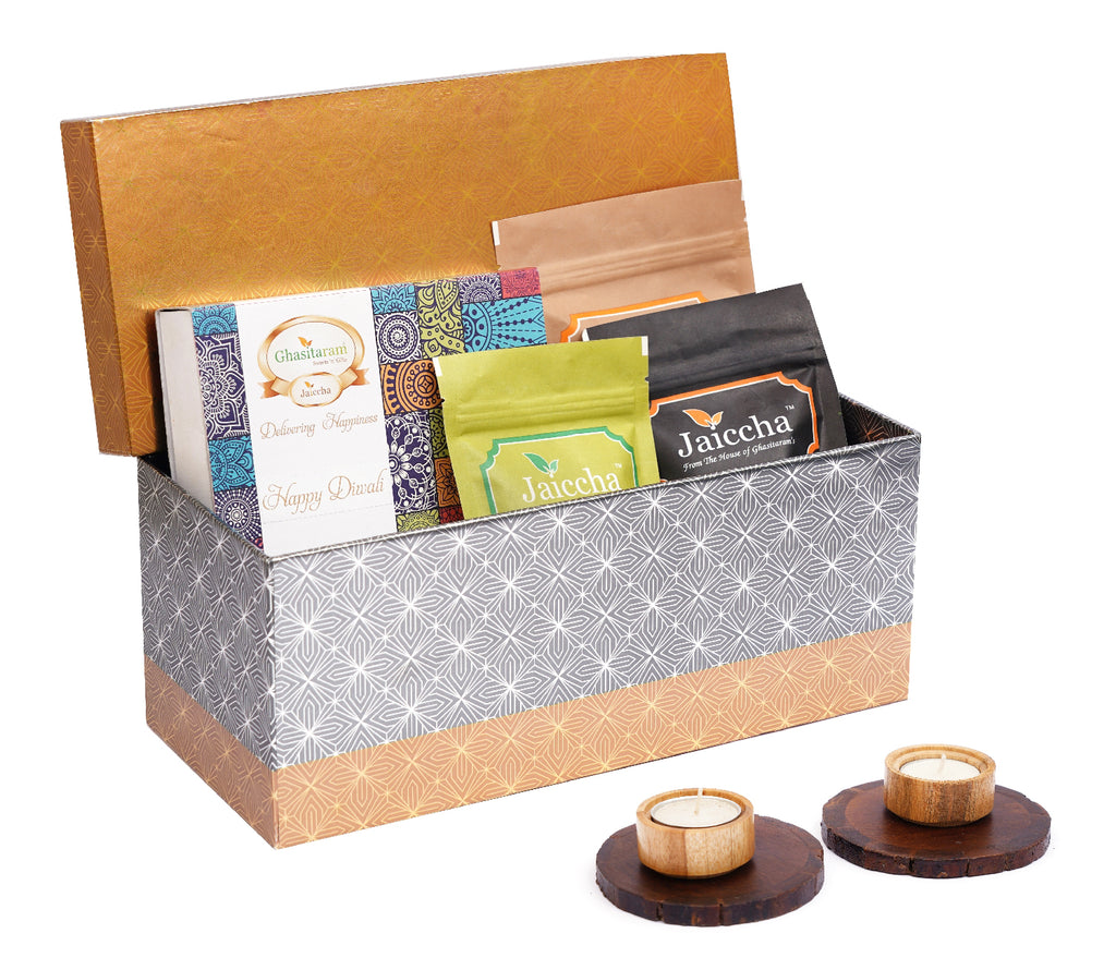 Rectangle box of Butter Chakli Sticks, Chocolate Coated Butterscotch, Crunchy Coated Cashews, Assorted Bites Box, Wooden Coasters and Wooden T-lites.