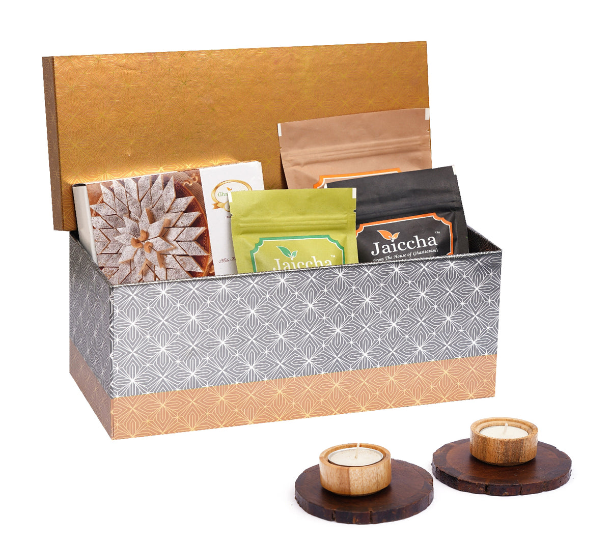 Rectangle box of Butter Chakli Sticks, Chocolate Coated Butterscotch, Crunchy Coated Cashews, Kaju Katlis, Wooden Coasters and Wooden T-lites.