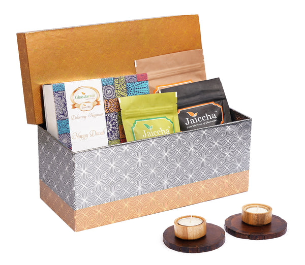 Rectangle box of Butter Chakli Sticks, Chocolate Coated Butterscotch, Crunchy Coated Cashews, Sugarfree Bites Box,  Wooden Coasters and  Wooden T-lites.