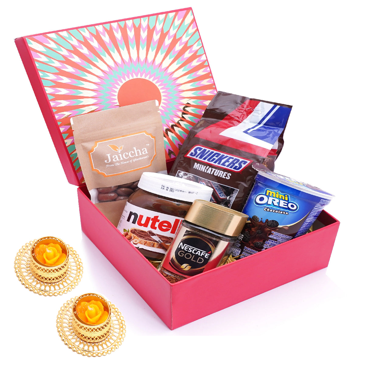 Red hamper box of Snickers, Chocolate Coated Almonds, Nescafe Gold Coffee (50 gms), Nutella and Mini Oreo and T-lites.