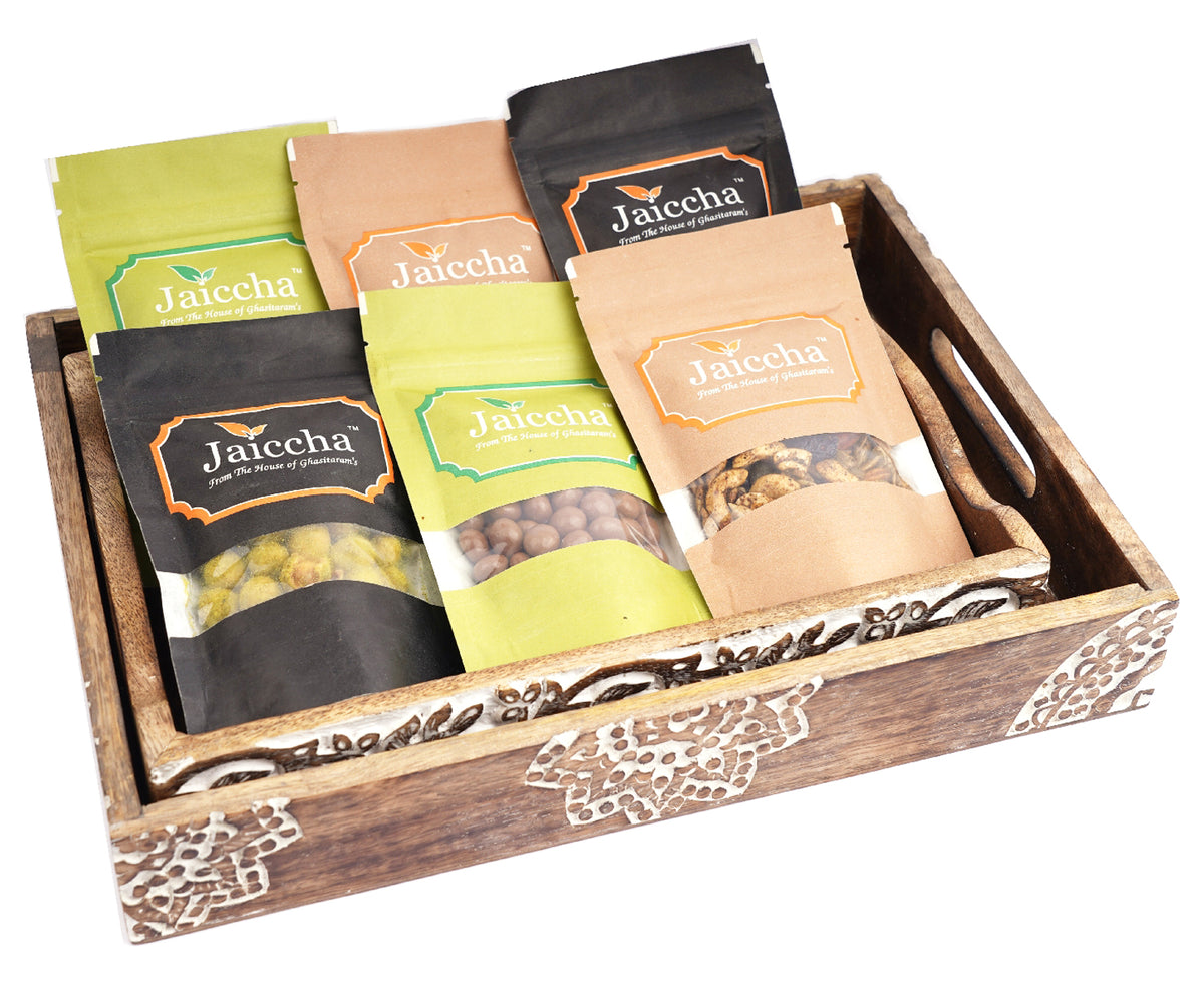 Set of 2 Wooden Serving Trays of 6 Assorted Flavoured Nuts