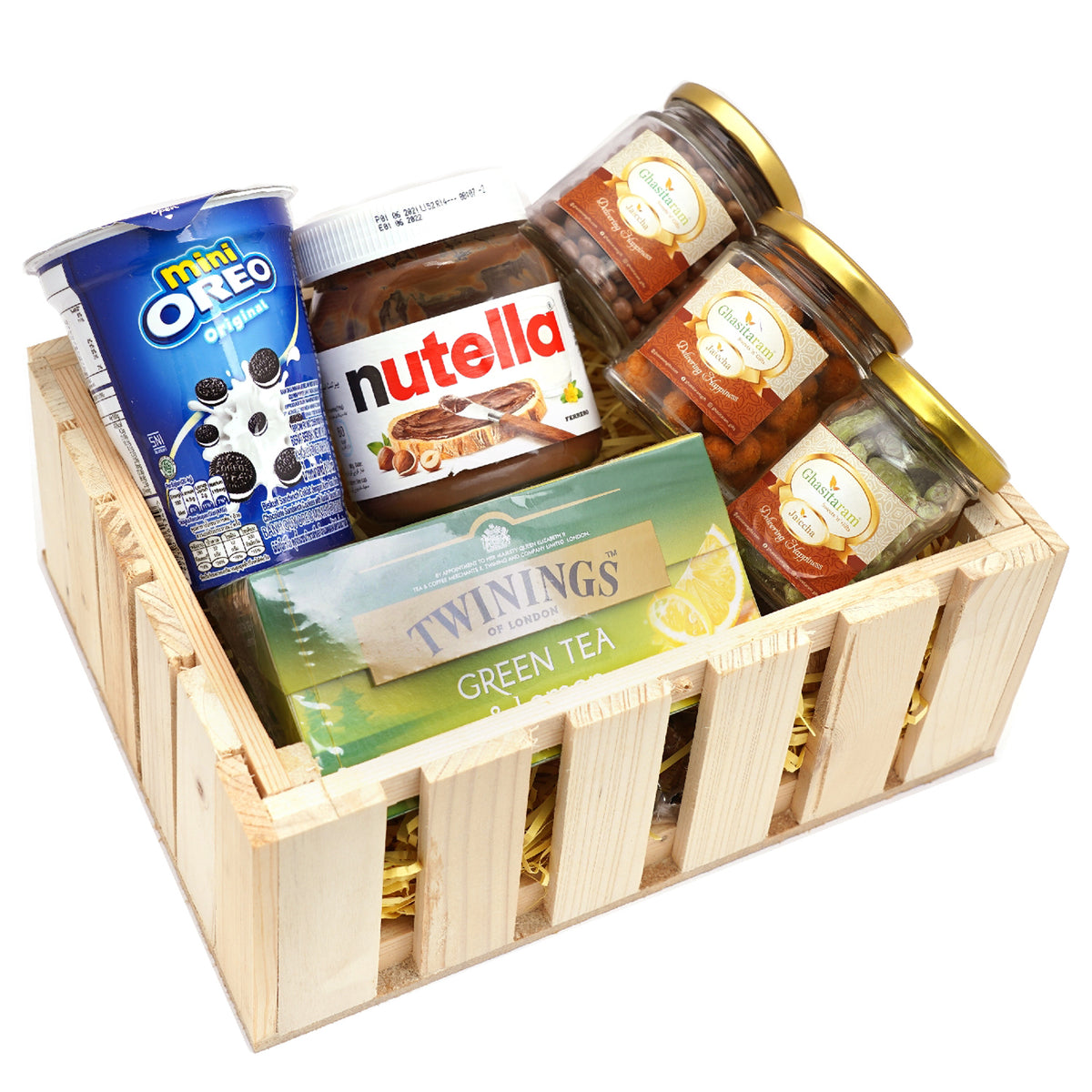 Natural Wood Striped Basket of 6 Goodies