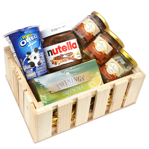Natural Wood Striped Basket of 6 Goodies